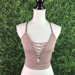 Tan nude criss‎ cross deep v bralette crop top NWT